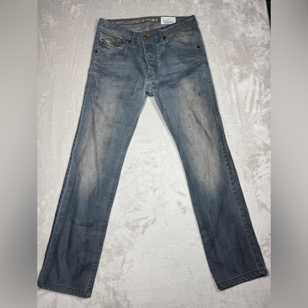 Diesel Men’s Darron Slim Tapered Stretch Workwear Splatter Denim Blue Jeans 27